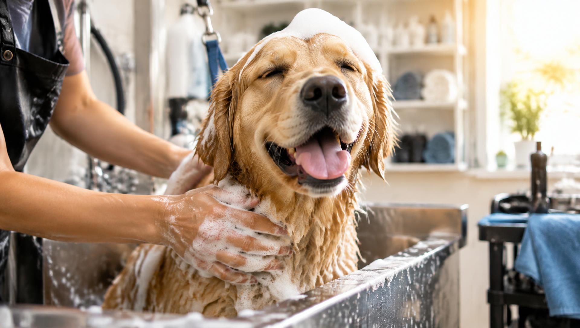 Cachorro recebendo banho e tosa em ambiente profissional
